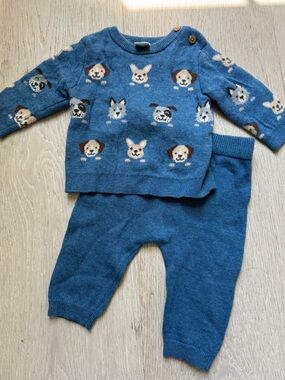 Little Me Blue Knit Baby Sweater with Puppy Motif
